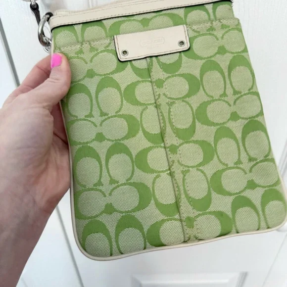 Vintage 90’s Coach Lime Green Signature Monogram Pattern Canvas Crossbody Bag - Picture 1 of 15